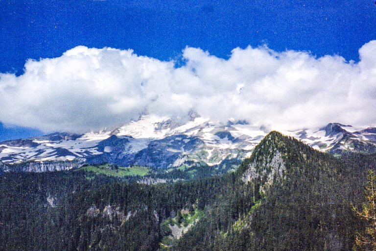 A cloud covered Mount Rainier near Tacoma, Pierce County, Washington