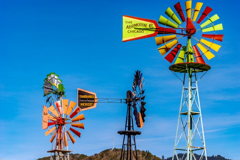 A collection of colorful windmills