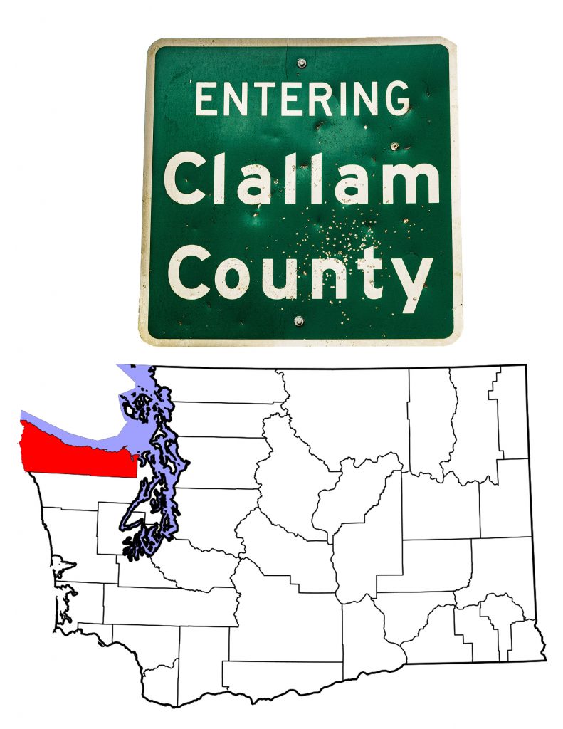 The Clallam County sign plus a map of Washington showing Clallam County in red.