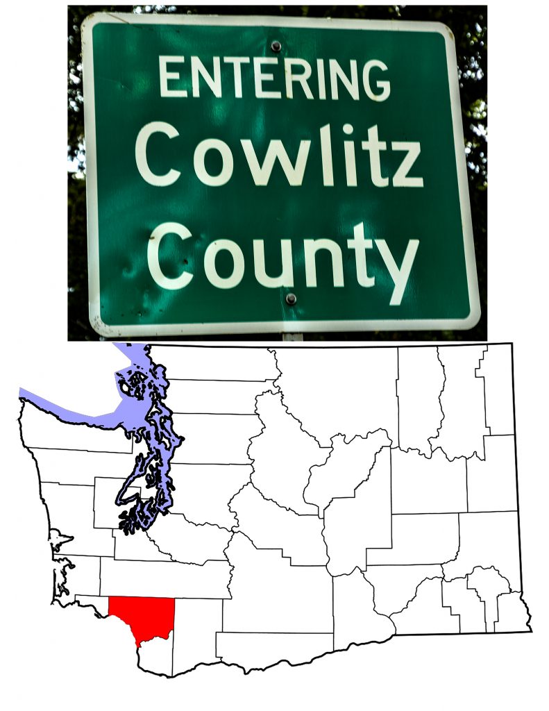 map showing Cowlitz County, Washington along with the County's highway sign.
