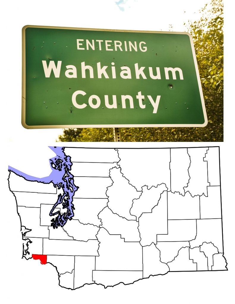 County sign and map showing Wahkiakum County, Washington.
