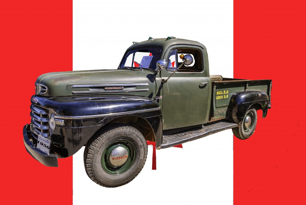 A 1950 Canadian Mercury Pickup superimposed on the Canadian flag.