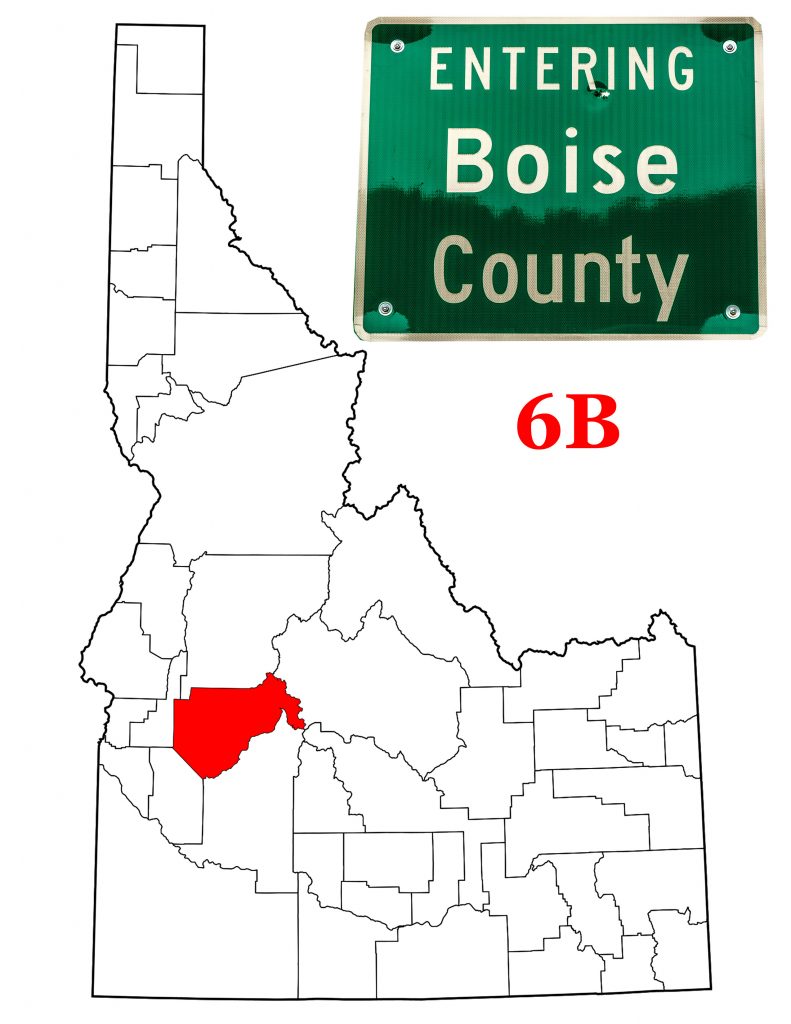 The Boise County Idaho sign and a map showing Boise County in red.