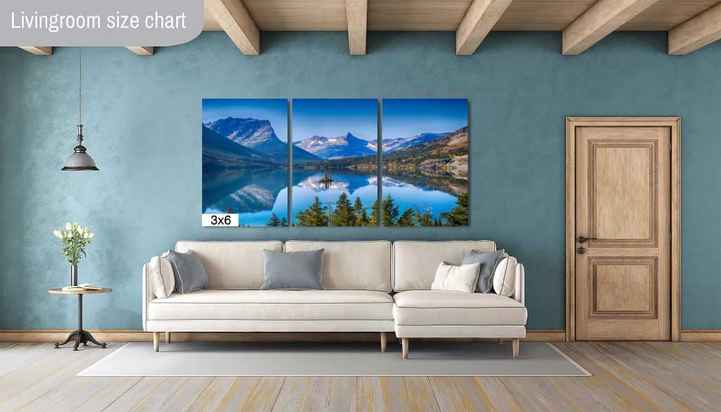 An image showing my photograph of Wild Goose Island as a tryptich above a couch.  This image is available as Wall Art at my Etsy shop.