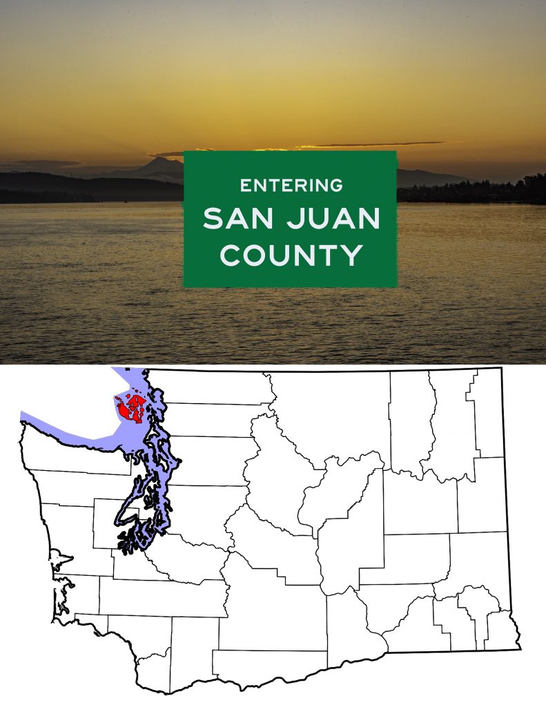 Sunrise over Rosario Straits with a pretend welcome sign and a map of Washington showing the location of San Juan County