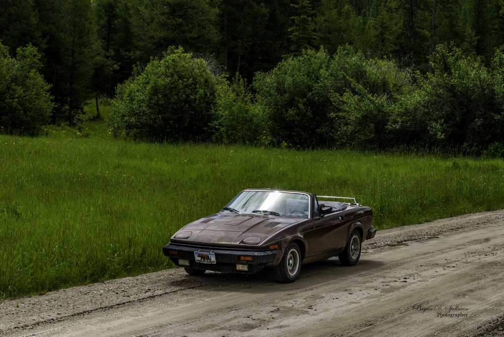 A russet brown Triumph TR7 with its top down, parked on a muddy dirt road alongside a field of wildflowers.