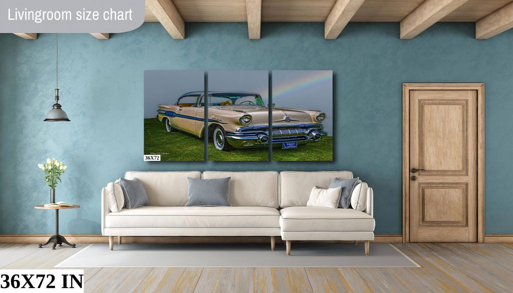 A 3 foot x 6 foot triptych of the 1957 Pontiac Star Chief hanging above a large couch.