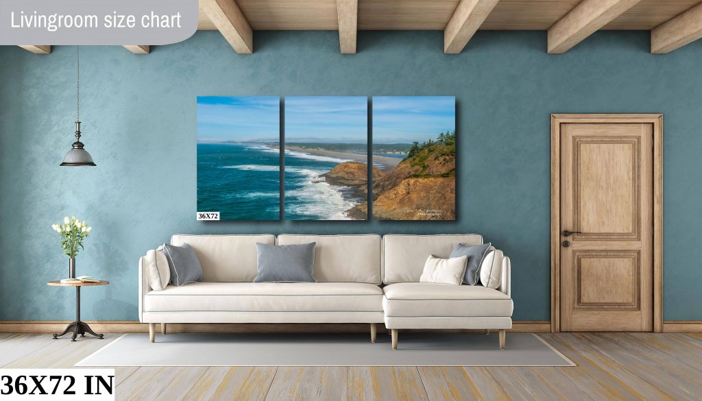The Beach from Port Orford Head as a 3 foot x 6 foot triptych hanging above the couch in a modern living room.
