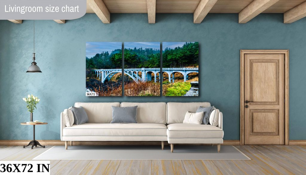 The Ben Jones Bridge as a 3 foot by 6 foot stretched canvas triptych hanging above a large couch
