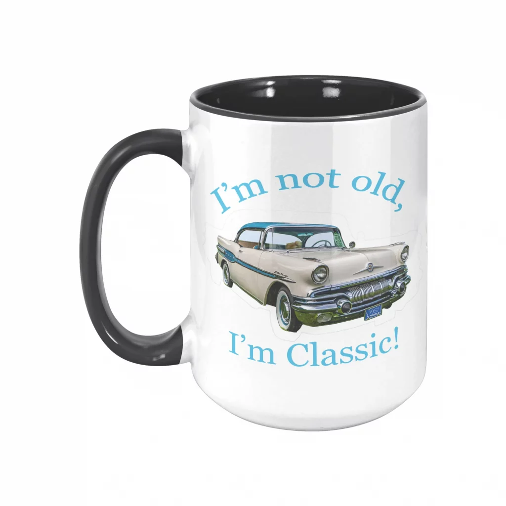 The 1957 Pontiac Star Chief as a white ceramic 11 or 15 oz coffee mug--black handle and interior shown.  Other colors are available
