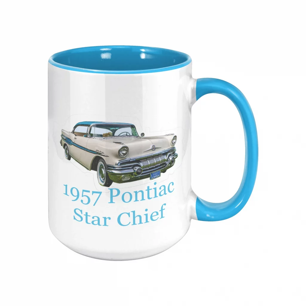 The 1957 Pontiac Star Chief as a white ceramic 11 or 15 oz coffee mug--blue handle and interior shown.  Other colors are available
