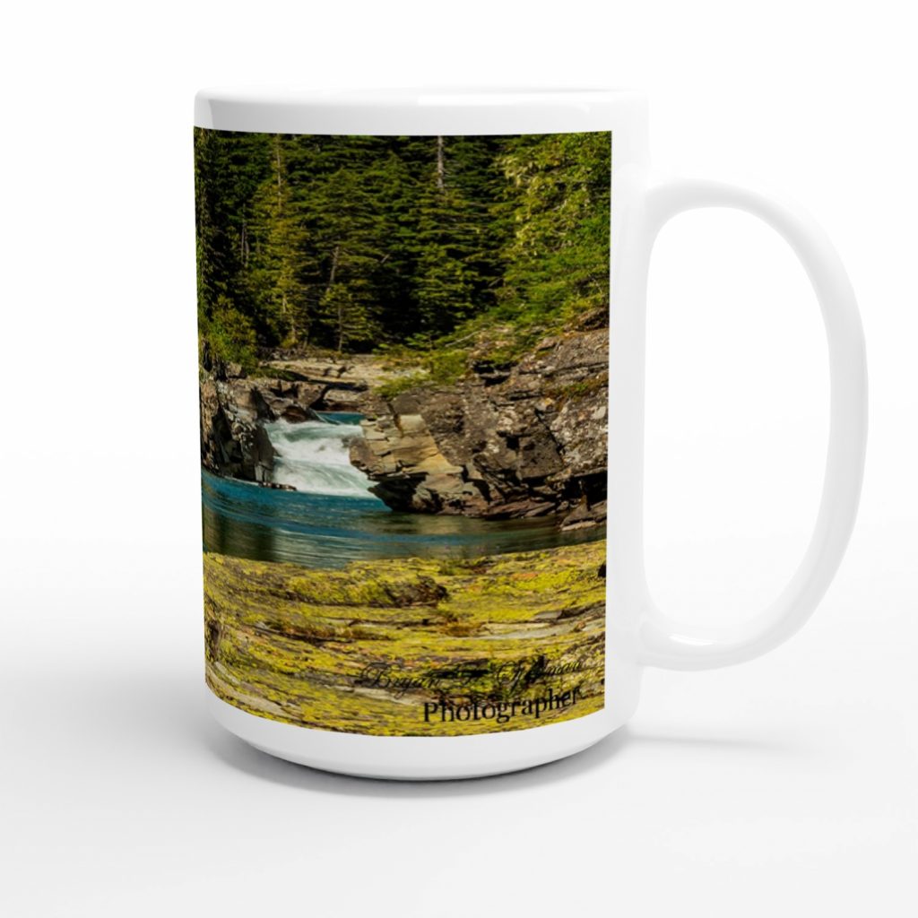 McDonald Creek Falls as printed on a mug with the handle on the right.
