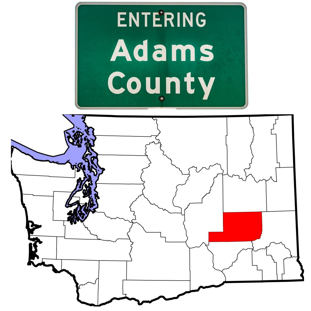 "Entering Adams County" highway sign and map of Wzshiongton State showing Adams County in red.