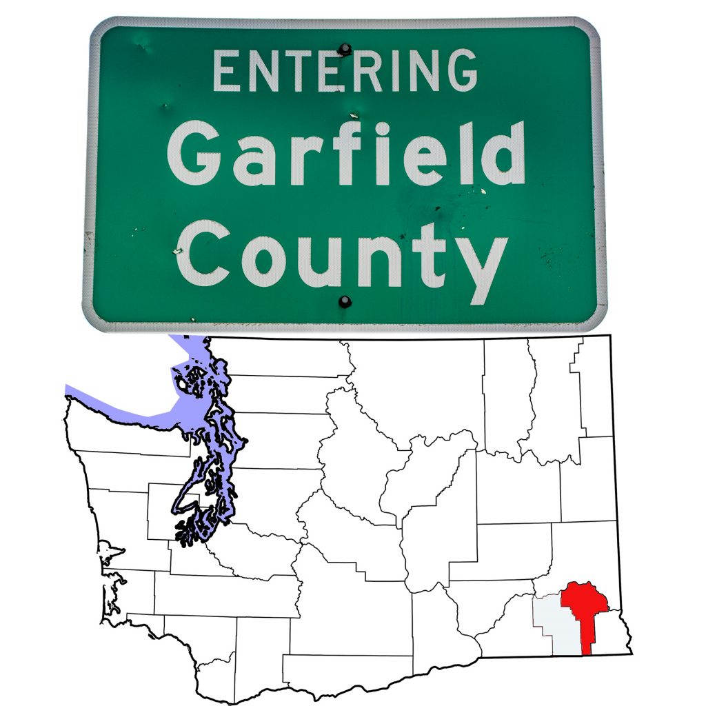 The "Entering Garfield County" highway sign and a map of Washington highlighting the county's location in the state.