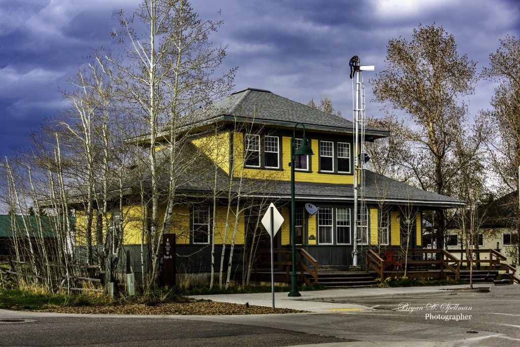 The old railroad station which used to serve passengers and freight in central Driggs, Idaho