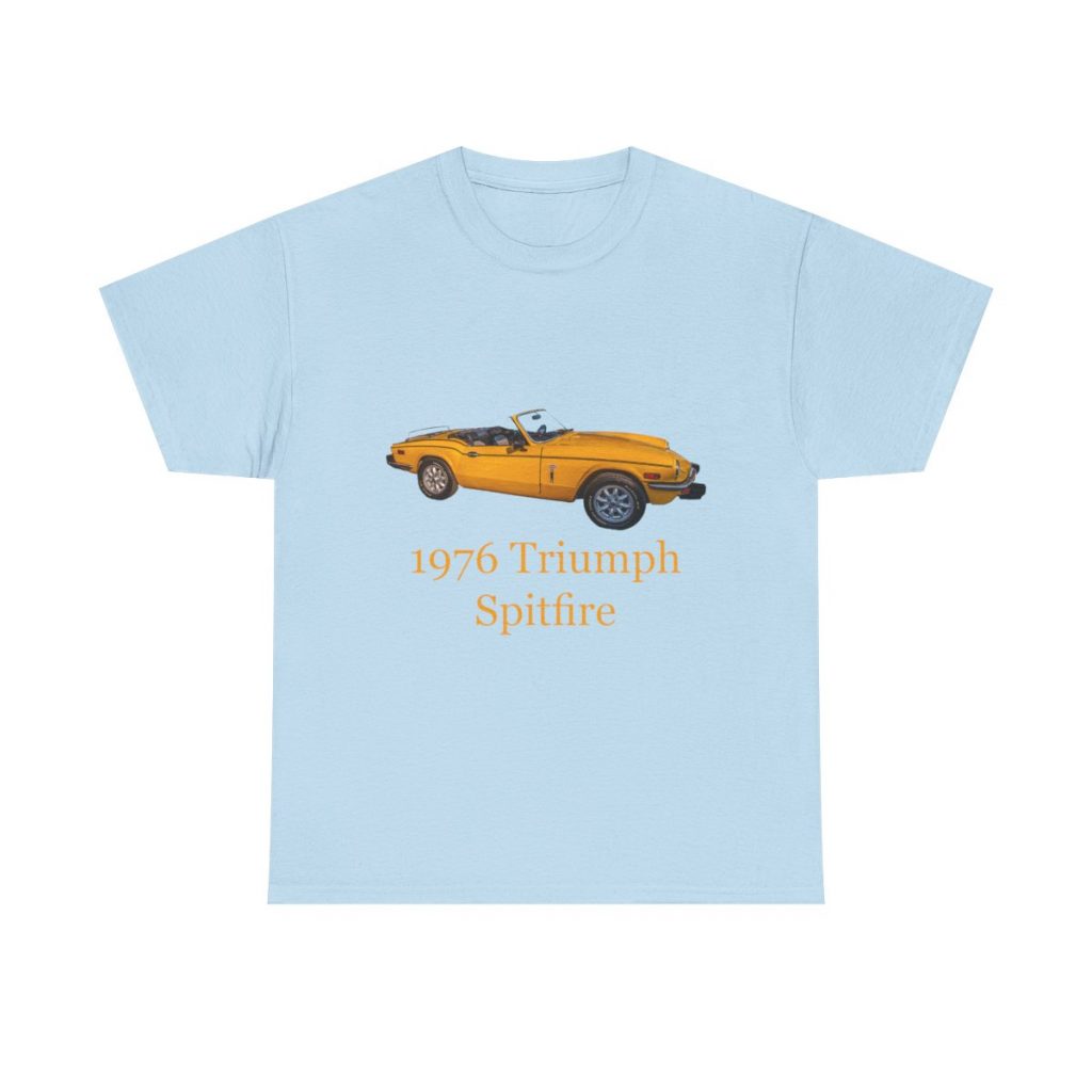 A light blue t-shirt with a photo of a 1976 Triumph Spitfire