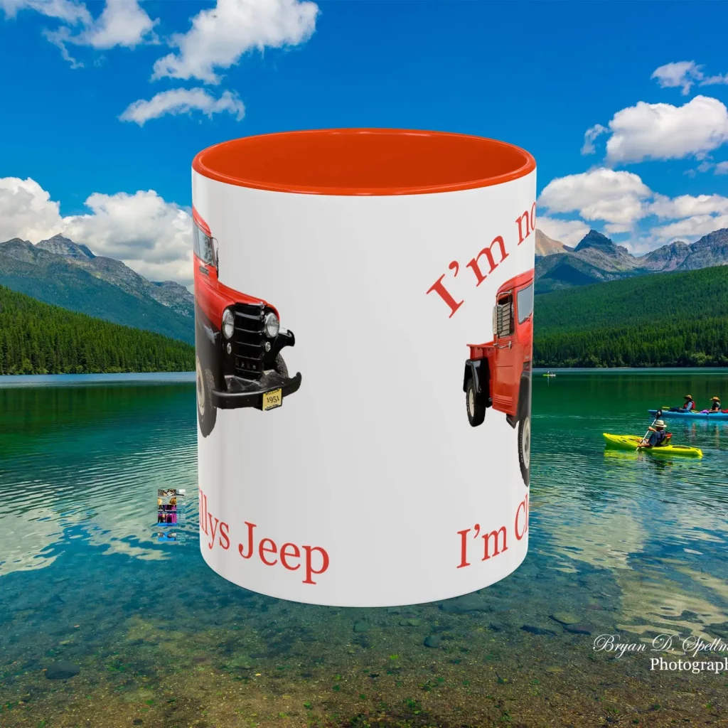 an 11 oz mug featuring a 1951 Willys Overland Jeep Pickup