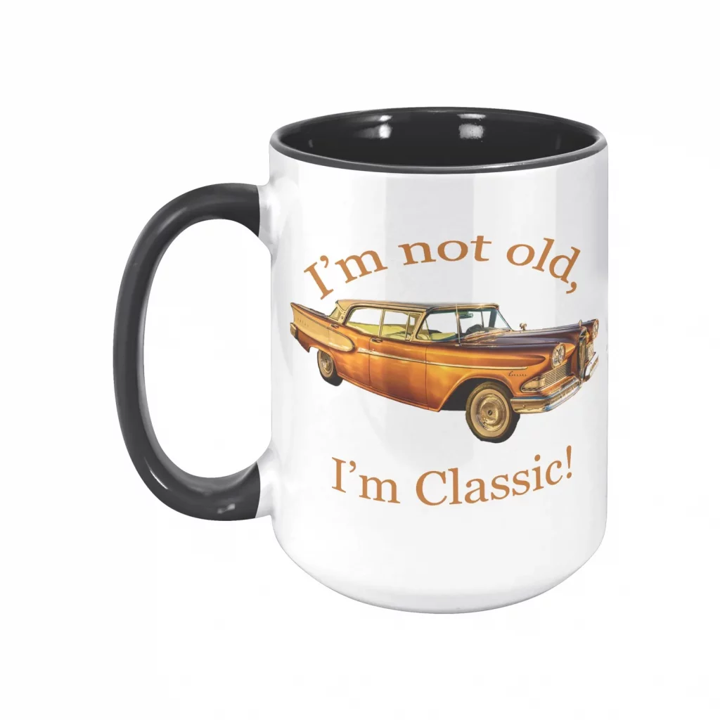 a 1958 Edsel Corsair on a 15 oz mug