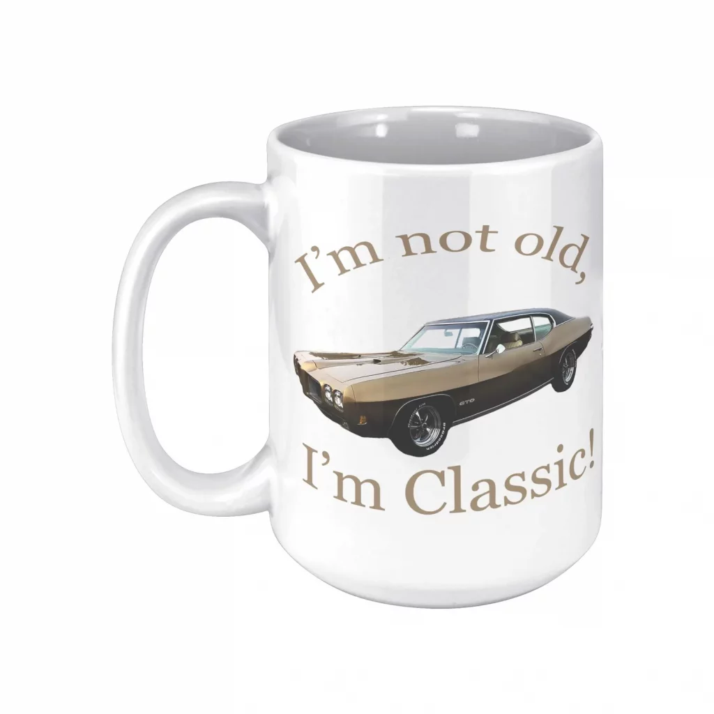 A mug displaying a 1970 Pontiac GTO